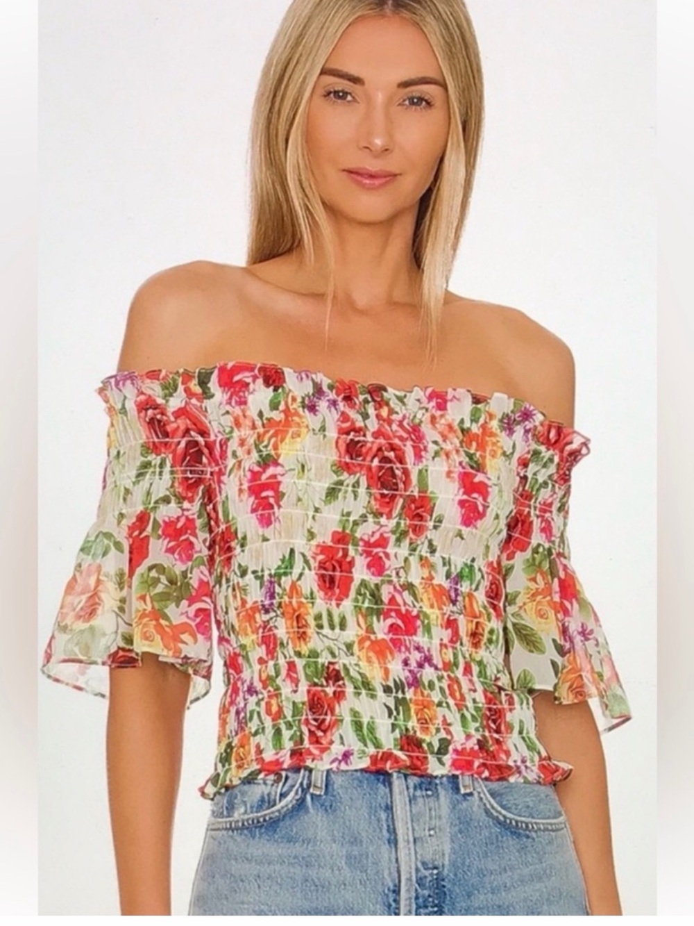 Lagence Women’s Floral Off-Shoulder Smocked Crop Top size medium